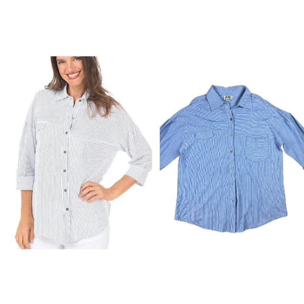 Wild Palms Button Oversize Slub-Knit Shirt Top Size S NWOT Blue Striped 3/4-Slv